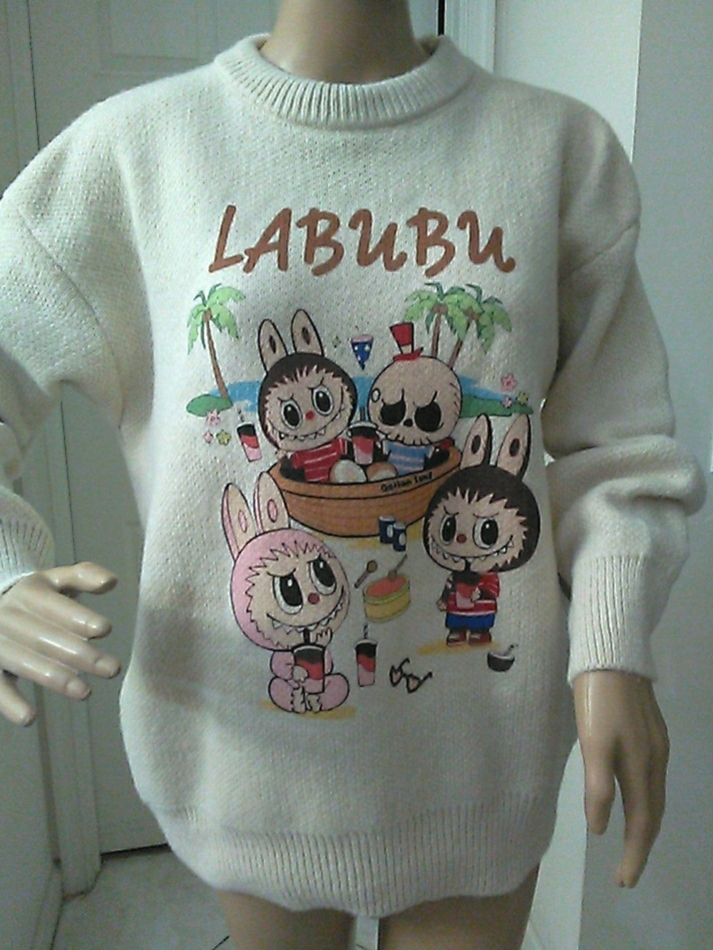 NWT SASA FASHION LABUBU IMAGE Cream Graphic Crewneck Sweater PTP 22-25